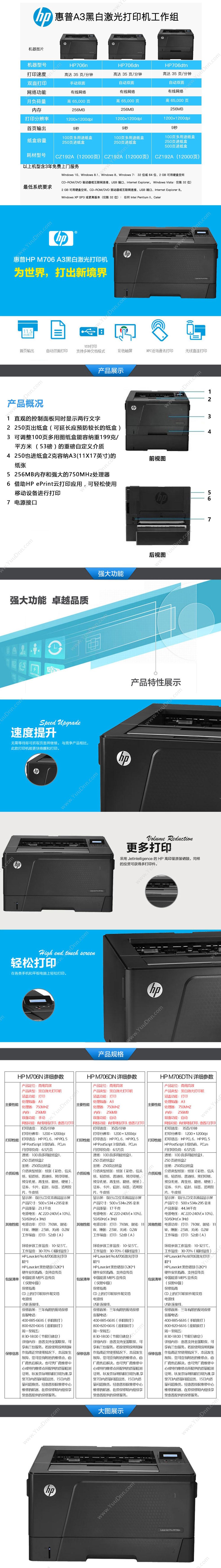 惠普 HP LaserJet Pro M706n+d+t    +双面打印+纸盒3年上门  速度35 A3黑白激光打印机