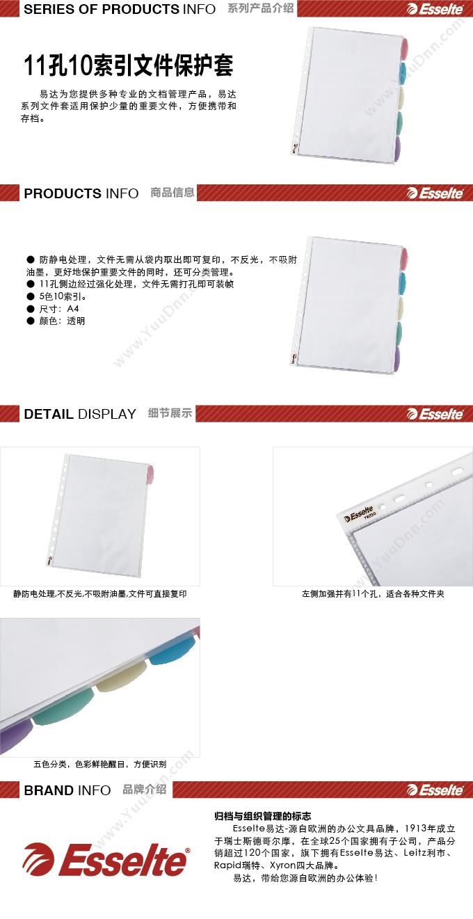 易达 Esselte 76020 11孔10索引文件保护套 A4  透明色 文件保护袋