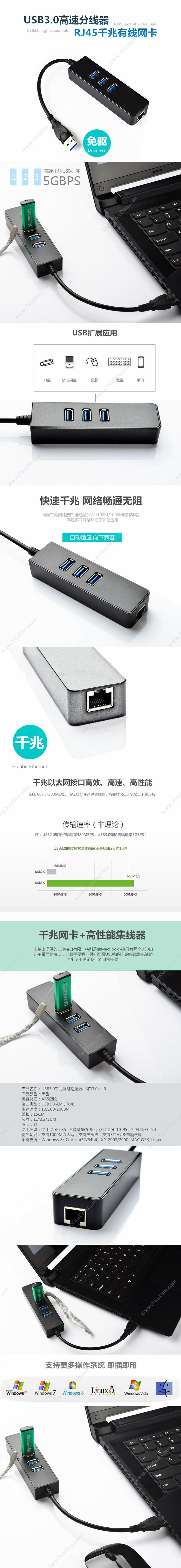 创乘 ChuangCheng CD029-B 高速千兆外置网卡（带3口） 集线器