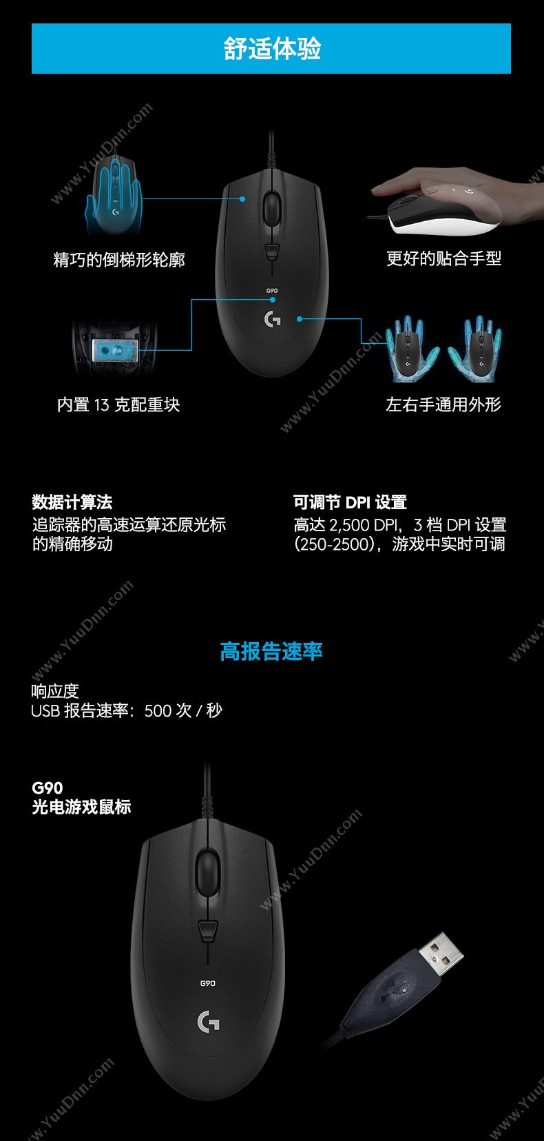 罗技 Logitech G90 光电游戏鼠标 （黑） 有线鼠标