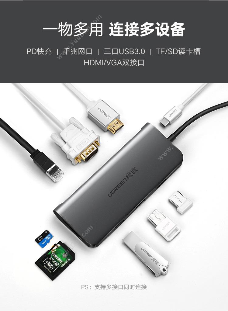 绿联 Ugreen 40873 Type-C转HDMI/VGA转换器  深(灰） 扩展配件