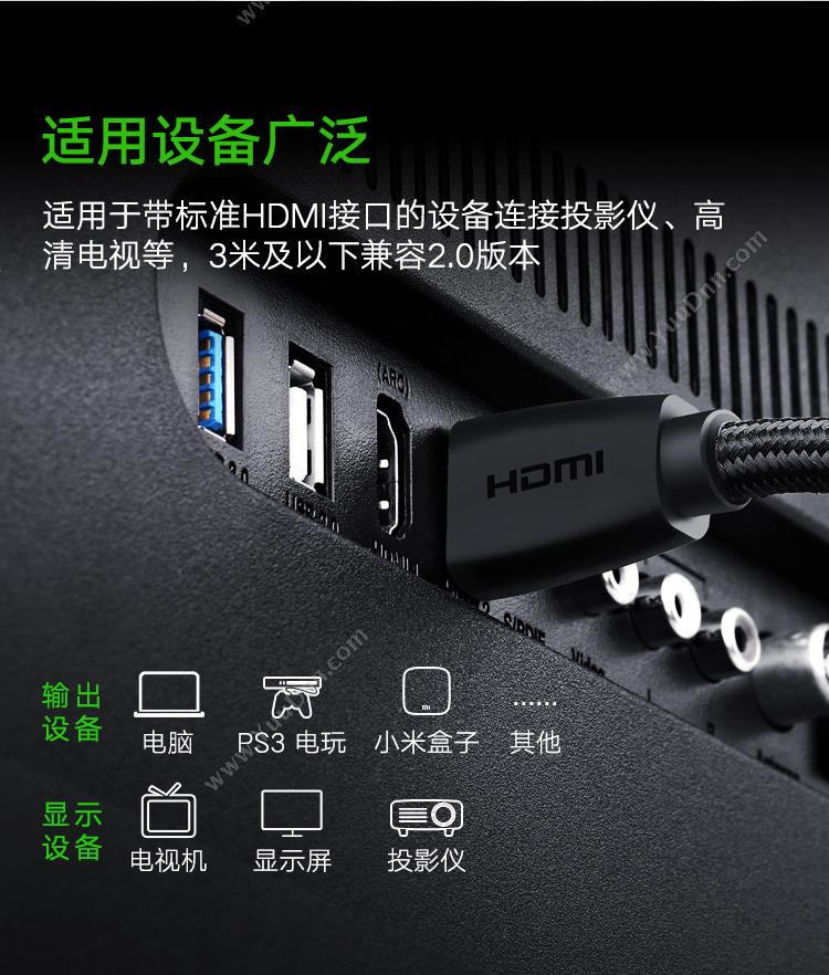 绿联 Ugreen 40409 HDMI线 1.5米支持 2.0版 4k数字高清线 （黑） 充电线