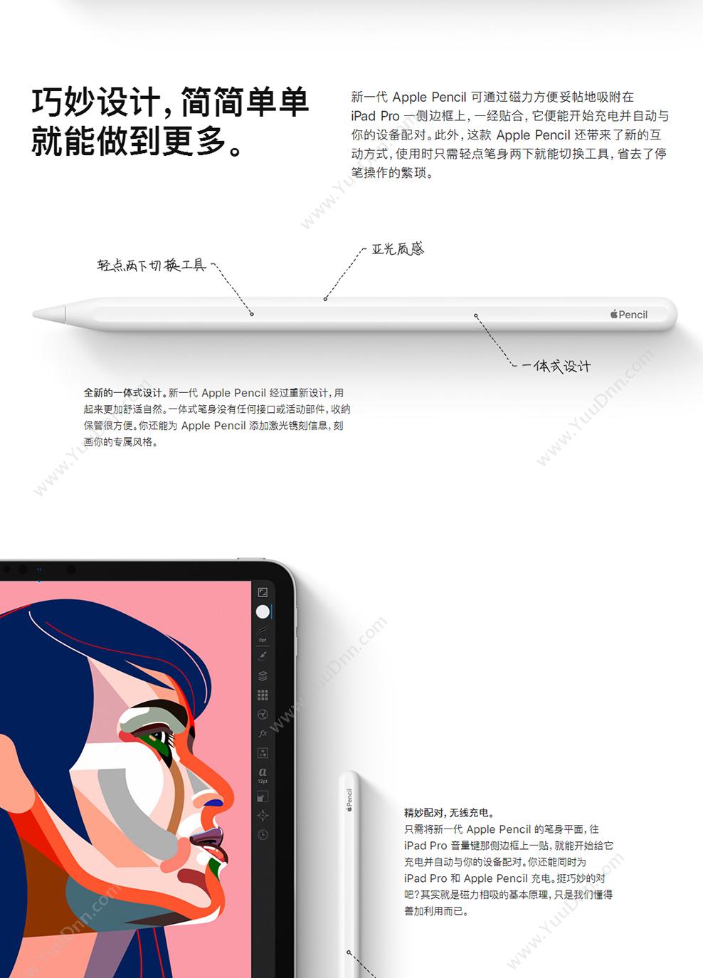 苹果 Apple MU8F2CH/A 第二代触控笔 适用于 12.9和11英寸iPad Pro（第三代）（白） 平板电脑配件
