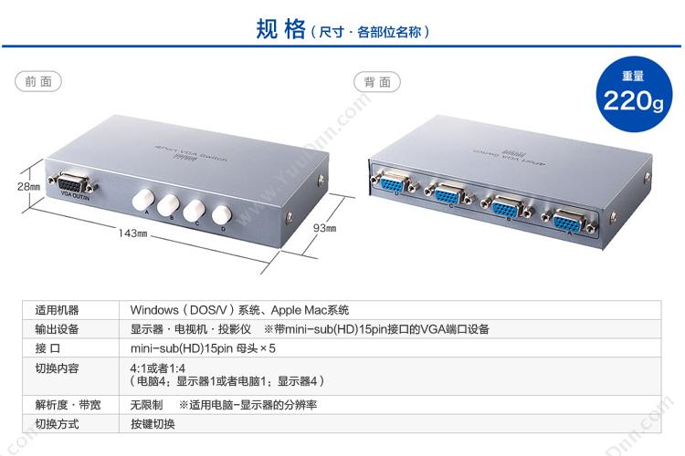 山业 Sanwa 400-SW025 VGA切换器 4：1  银色 转换器