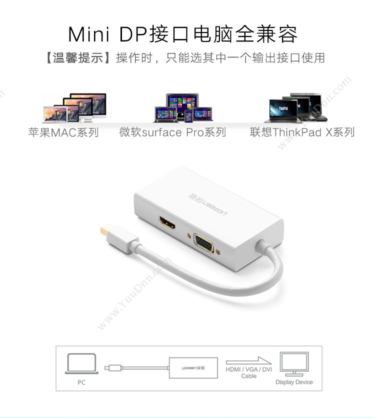 绿联 Ugreen 20418 Mini Dp转HDMI/VGA/DVI三合一  黑色 转换器