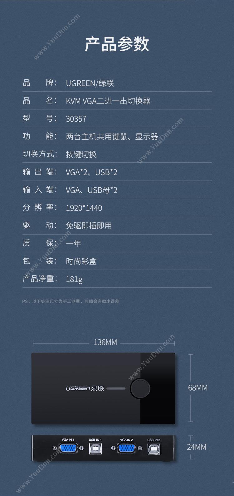 绿联 Ugreen 30357 KVM切换器 二进一出 黑色 转换器