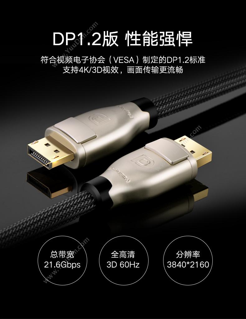 绿联 Ugreen 30119 DP线 dp公对公高清DisplayPort数据线带编织1.5米 （黑） 视频线