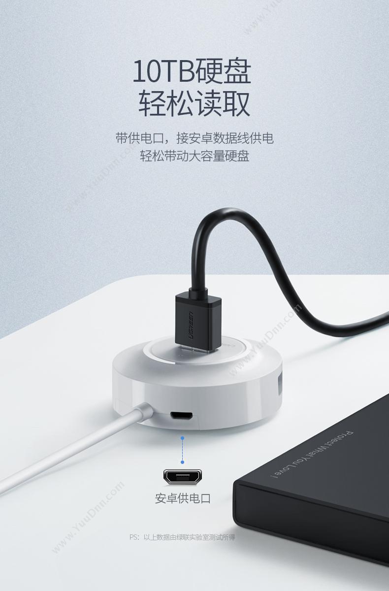 绿联 Ugreen 20294 USB 2.0 HUB 4口1.5米 圆形 白色 集线器