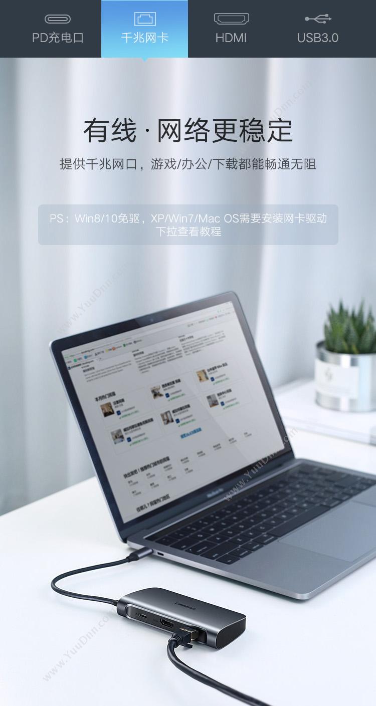 绿联 Ugreen 50771 USB-C 多功能  灰色 转换器