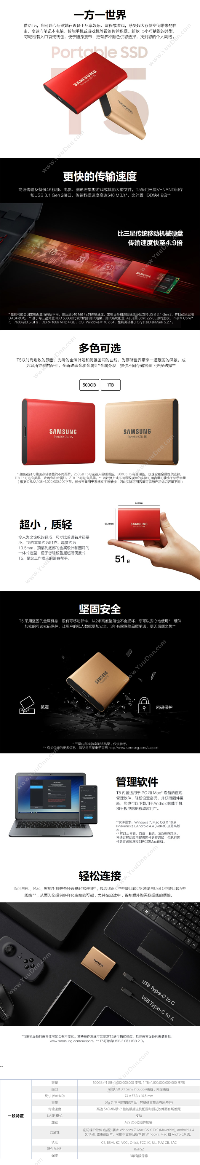 三星 Samsung MU-PA1T0R/WW 固态（PSSD）T5 Type-c USB3.1 金属（红） 移动硬盘