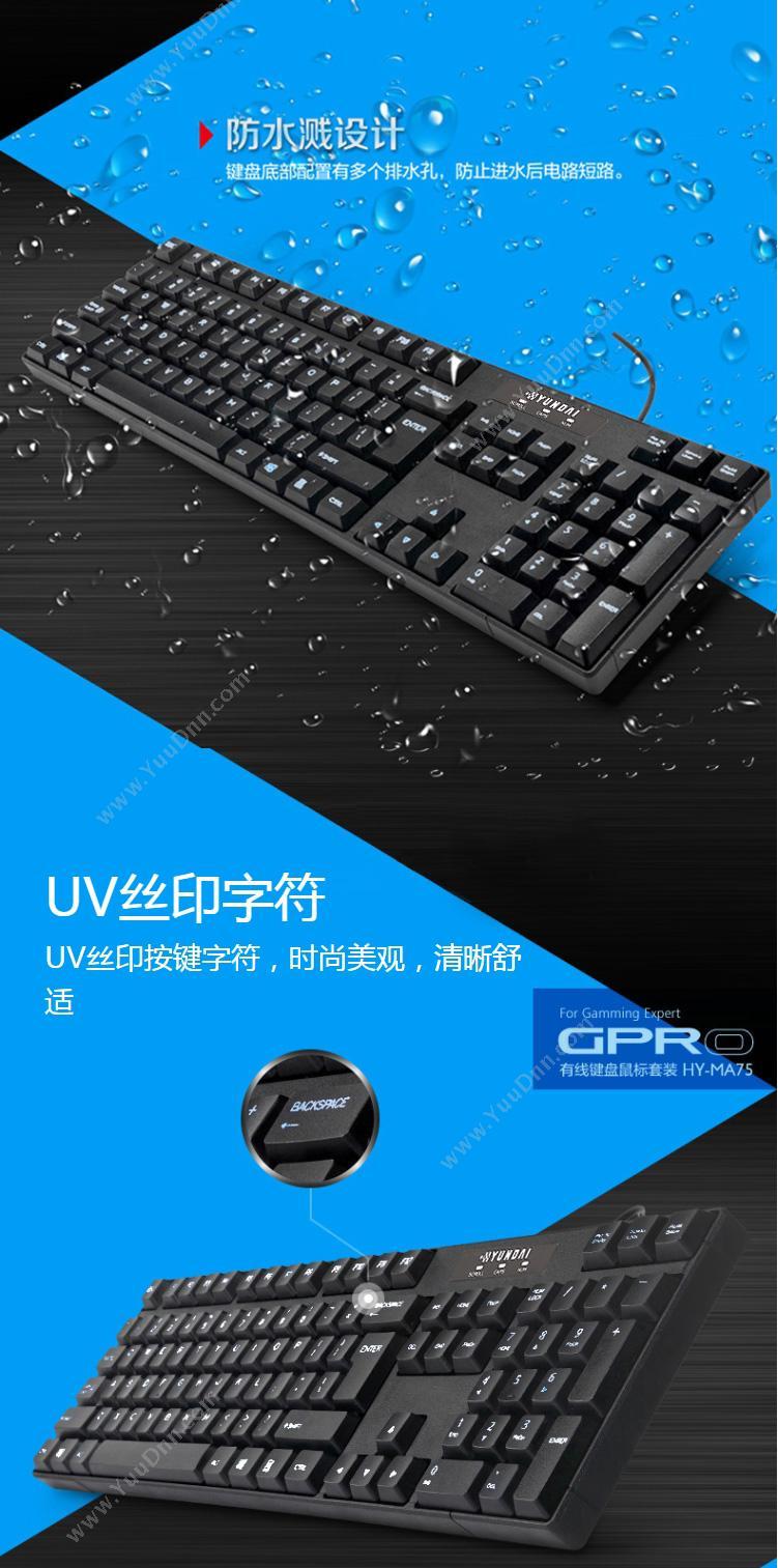 现代 Hyundai 键盘鼠标套装有线USB接口键鼠套装 家用办公鼠标键盘套装HY-MA75 （黑） 有线键盘