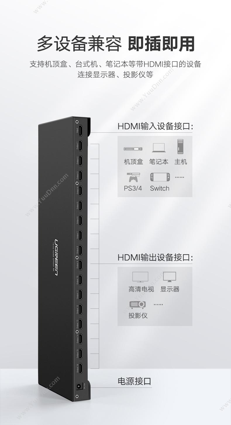 绿联 Ugreen 40218 HDMI 1进16出分配器  黑色 转换器