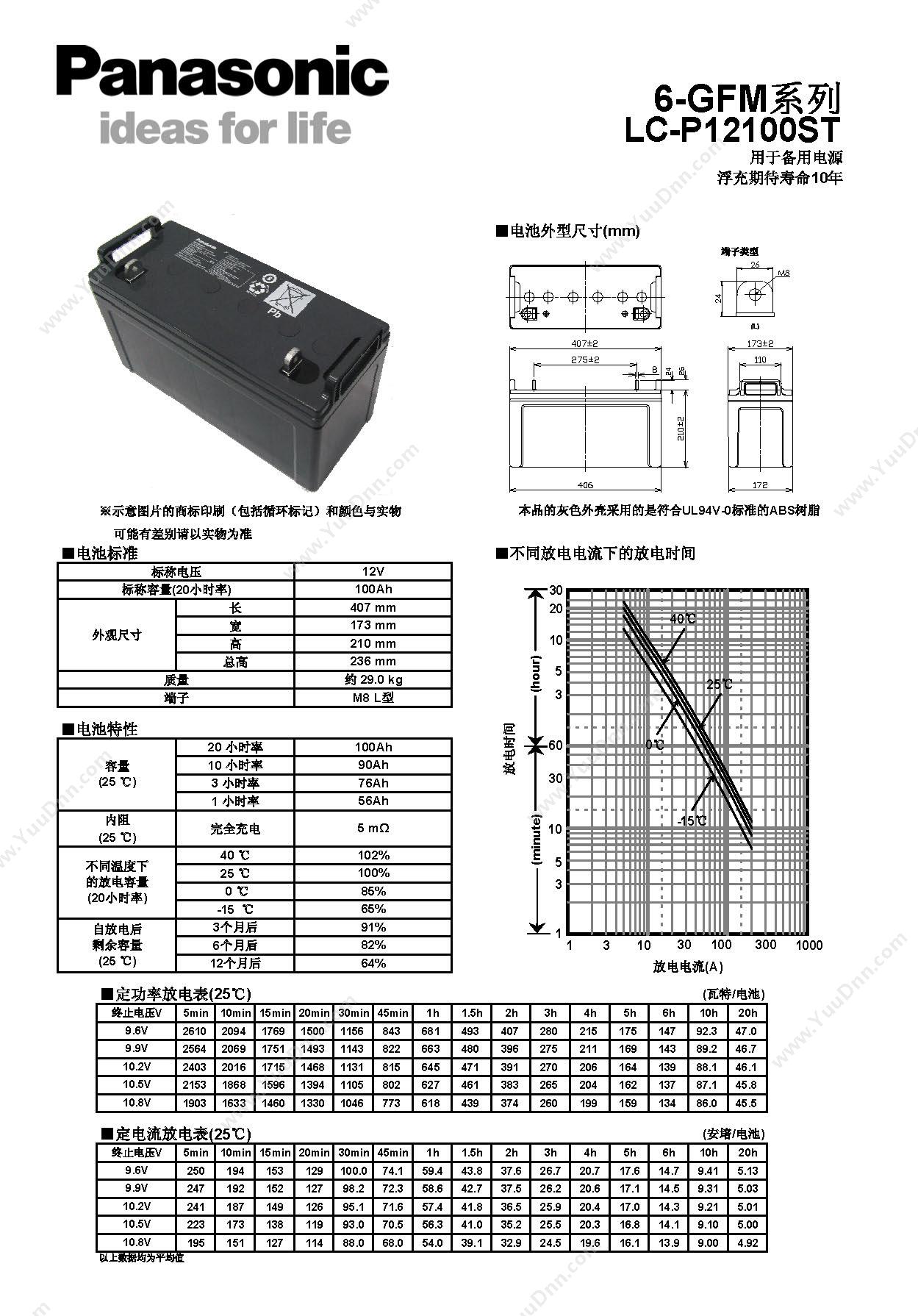 松下 Panasonic 6-GFM LC-P12100 铅酸蓄电池 10年寿命 12V，100Ah V0阻燃 尊贵(黑）  含安装调试 UPS