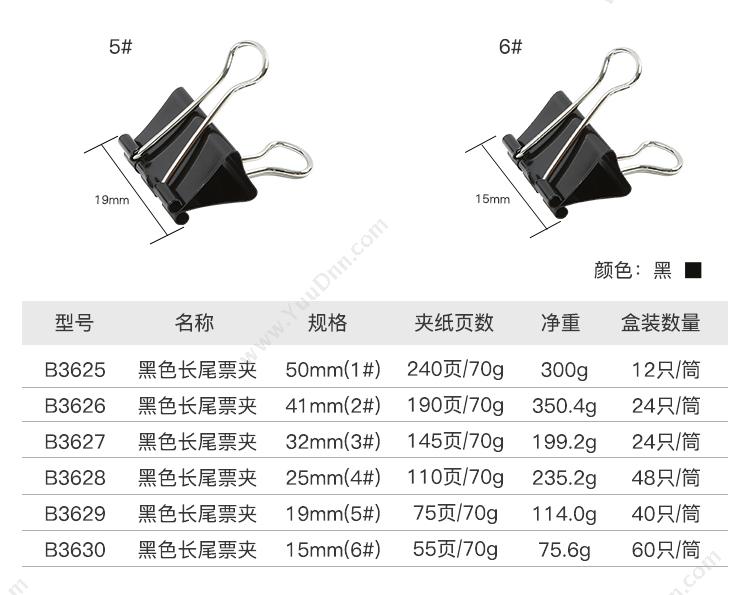齐心 Comix B3629 5#19mm（黑）长尾票夹 70*50mm （黑） 40只/筒 96筒/箱 长尾夹