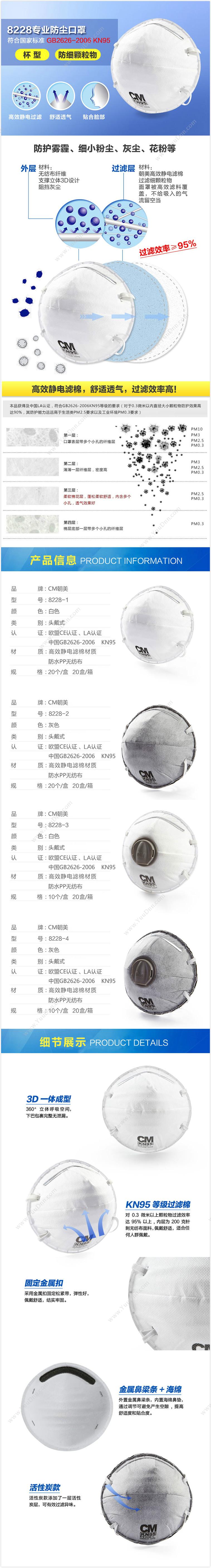 朝美 CM 8228-3 杯型活性炭口罩 KN95带阀  200只/箱 防护口罩