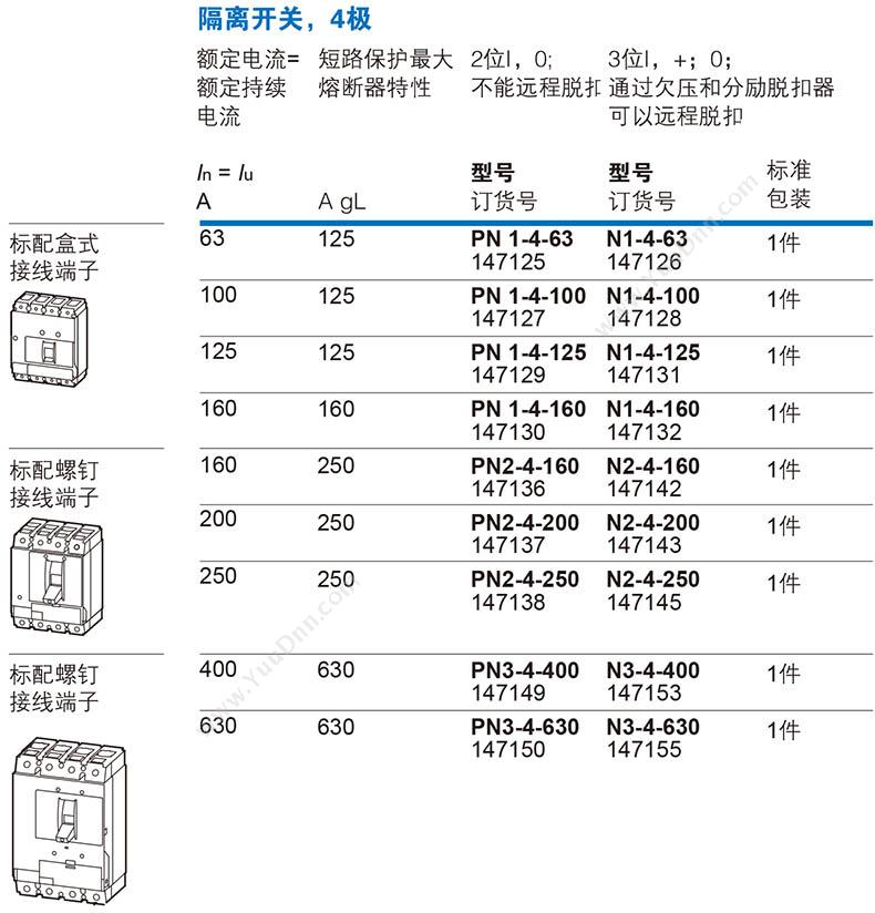 伊顿穆勒 Moeller 148410 塑壳型插拔式隔离开关（可装脱扣器） N2-4-160-E 插拔式塑壳断路器