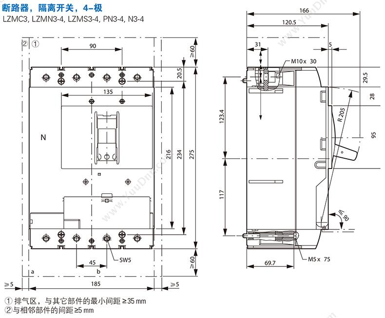 伊顿穆勒 Moeller 90000008109633 70kA插拔式 LZMS3-4-A320+NZM3-4-XSV 插拔式塑壳断路器