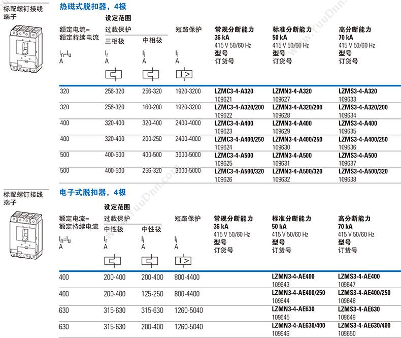 伊顿穆勒 Moeller 90000008109633 70kA插拔式 LZMS3-4-A320+NZM3-4-XSV 插拔式塑壳断路器