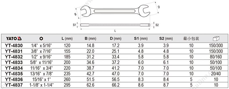 易尔拓 YT-4830 英制双头呆扳手 英制双头呆扳手