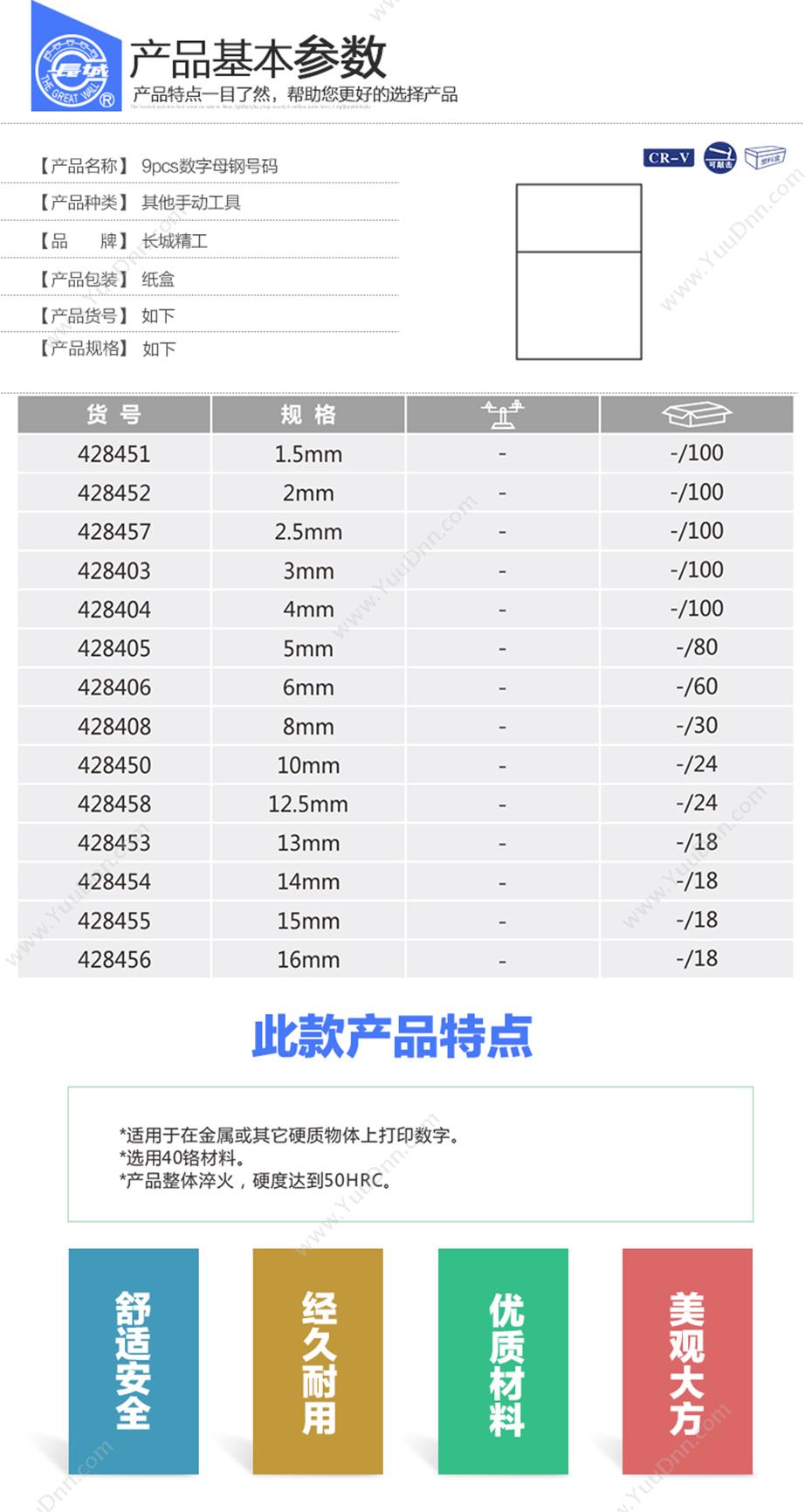 长城精工 428457 9pcs数字钢号码 2.5mm 钢字冲