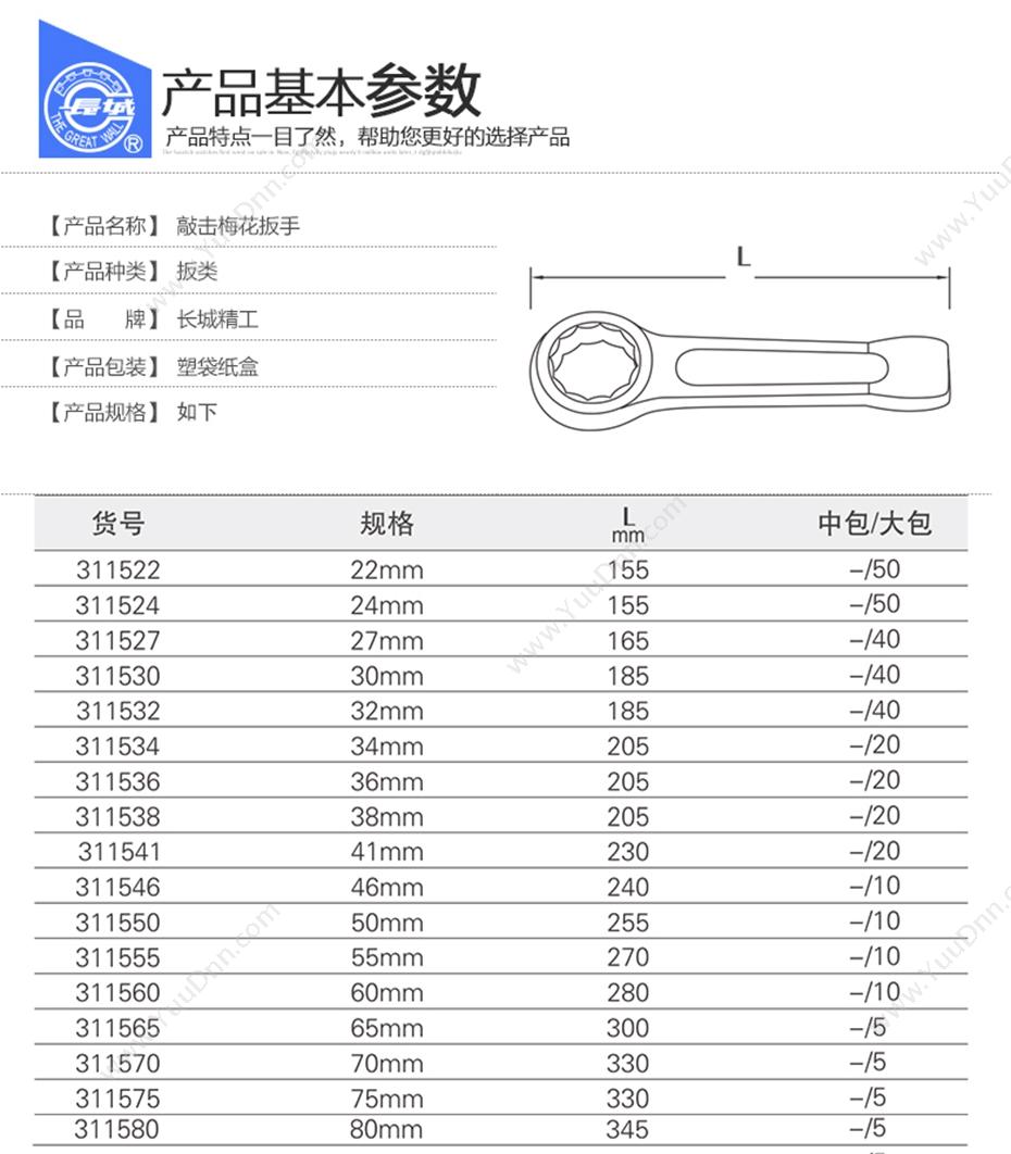 长城精工 311560   （直柄）60mm 敲击梅花扳手