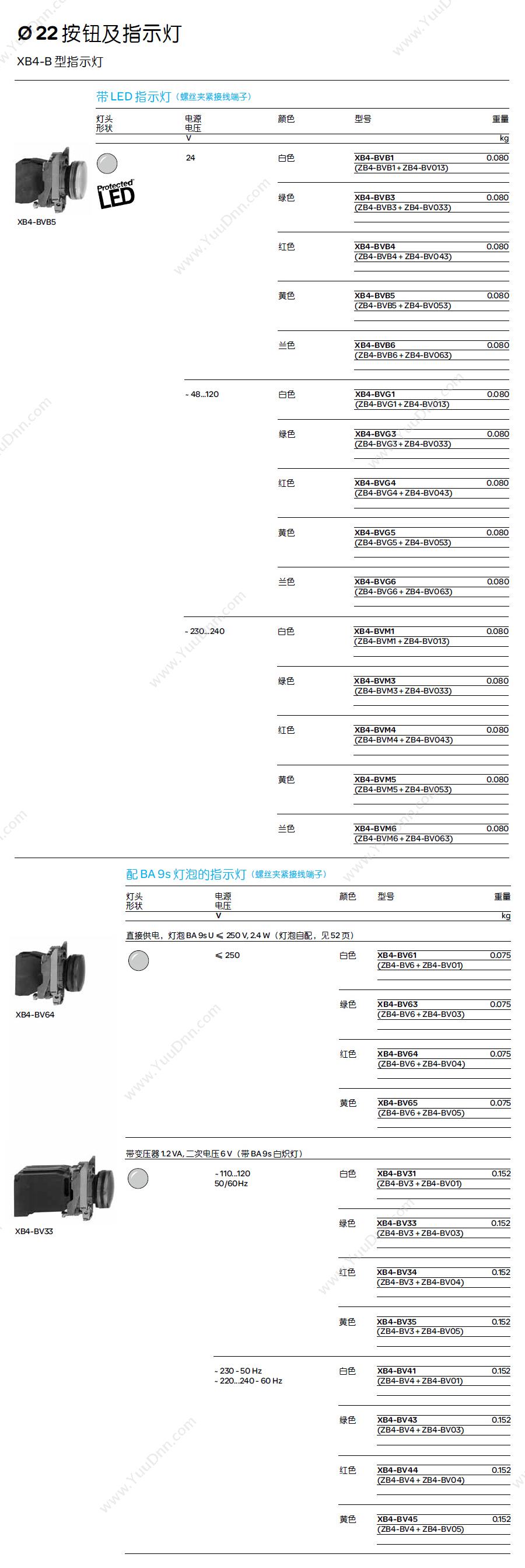 施耐德 Schneider XB4BV35 金属指示灯 白炽灯 黄色 110-120VAC（ZB4BV3+ZB4BV05） 白炽灯