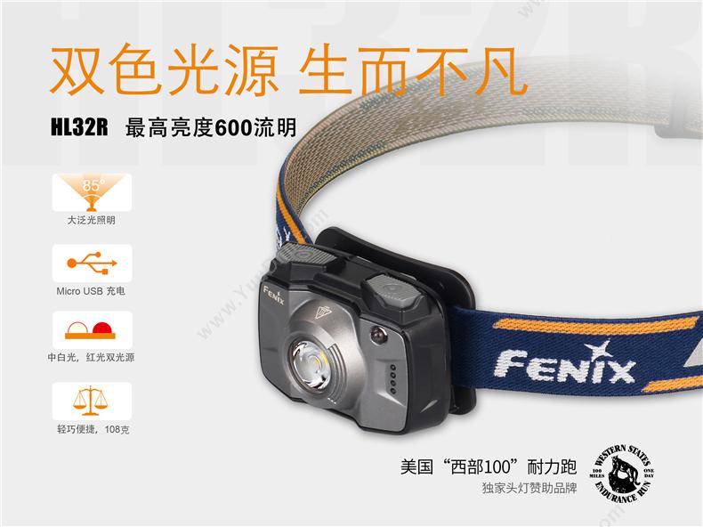 菲尼克斯 Fenix HL32R STB  USB充电一体式防水防尘高亮 600流明 灰色 一套 套装 工作头灯