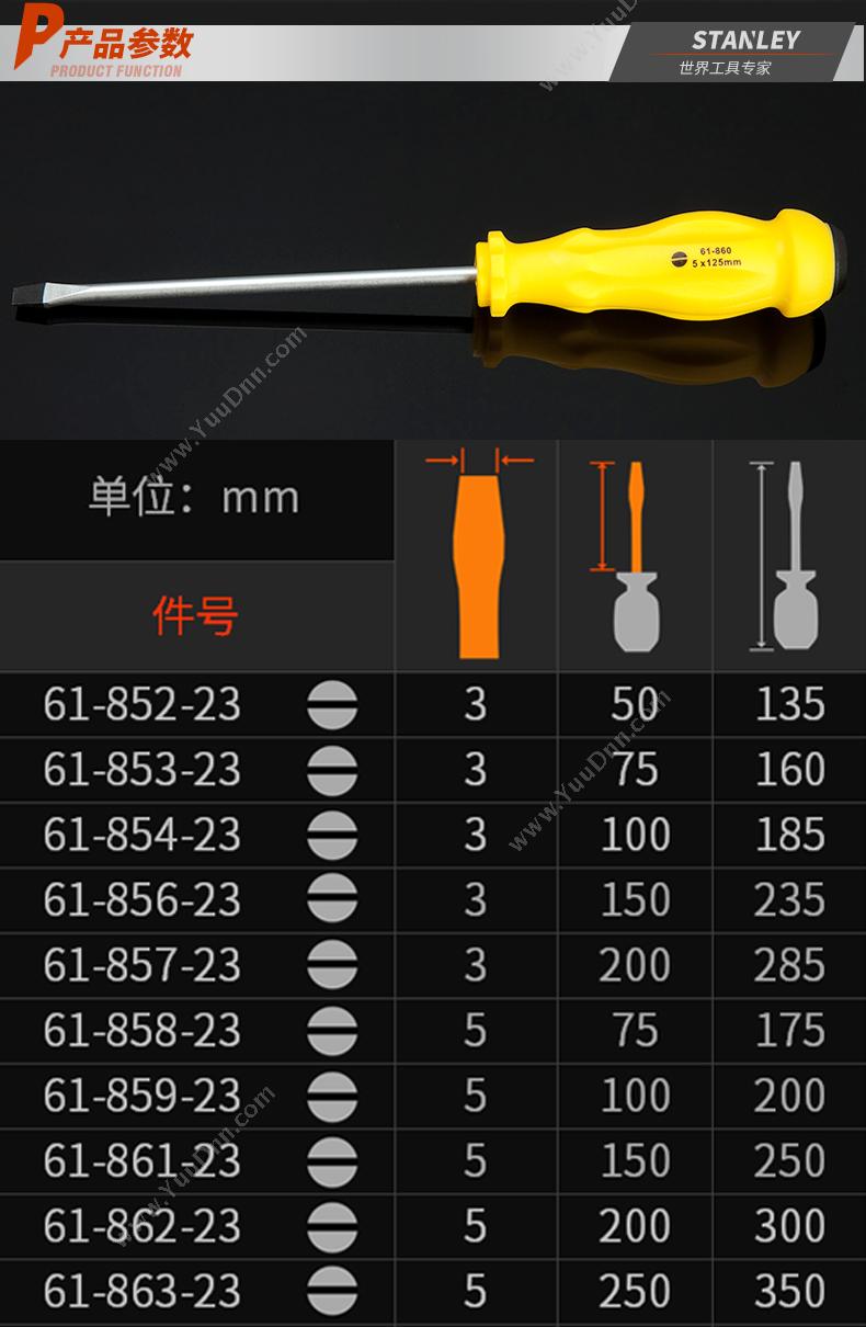 史丹利 Stanley 61-872-23 一字塑柄 6.5mmx300mm 一字螺丝批