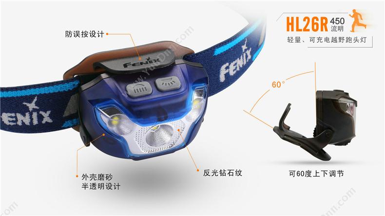 菲尼克斯 Fenix HL26R STB  轻量化多用途USB充电 450流明 蓝色 一套 套装 工作头灯