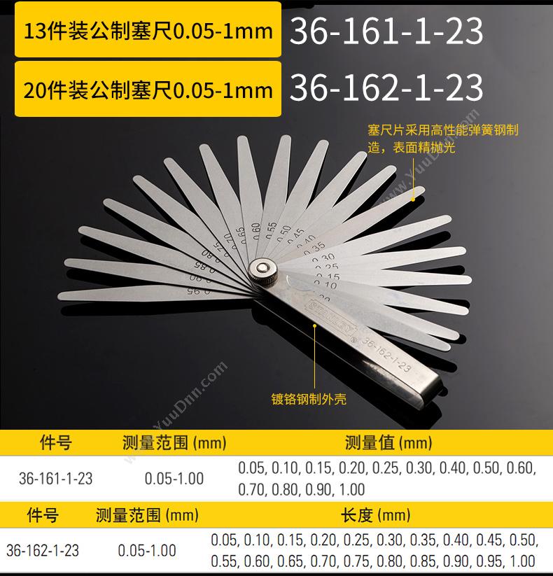 史丹利 Stanley 36-162-1-23 20件装公制 0.05-1mm 塞尺