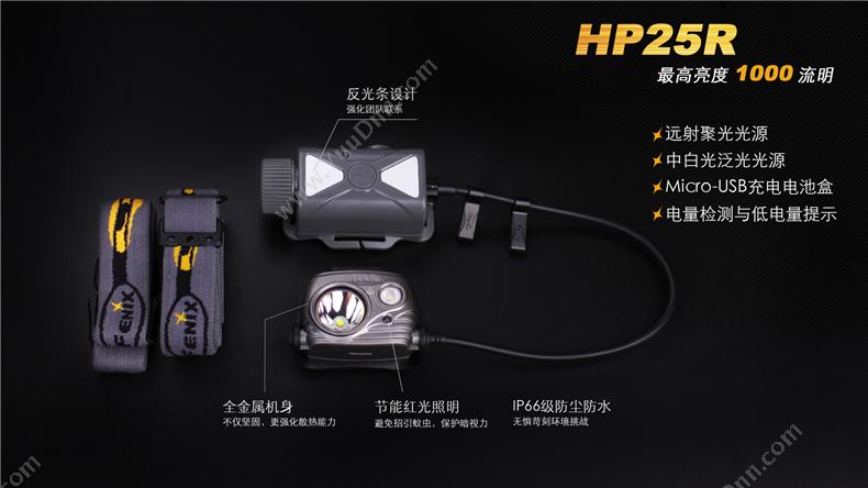 菲尼克斯 Fenix HP25R STB  高性能高亮度USB充电 1000流明 黑色 一套 套装 工作头灯