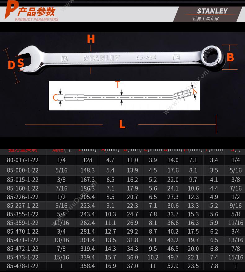 史丹利 Stanley 85-473-1-22 强力型英制精抛光两用长扳手