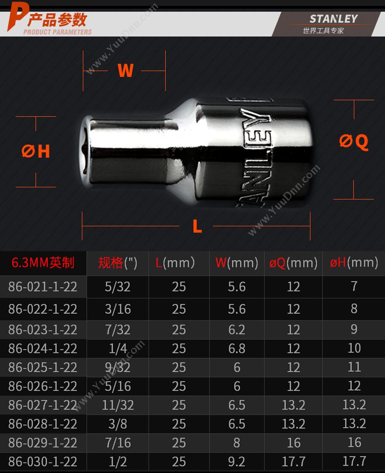 史丹利 Stanley 86-023-1-22 6.3mm系列 公制6角标准套筒