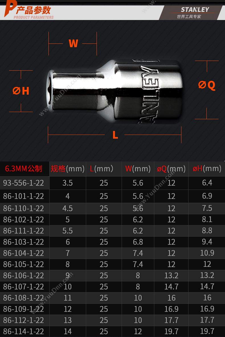 史丹利 Stanley 86-103-1-22 6.3mm系列 公制6角标准套筒