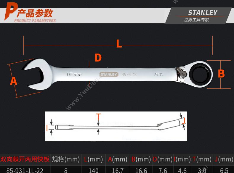 史丹利 Stanley 85-933-1L-22 公制精抛光双向棘开两用快扳