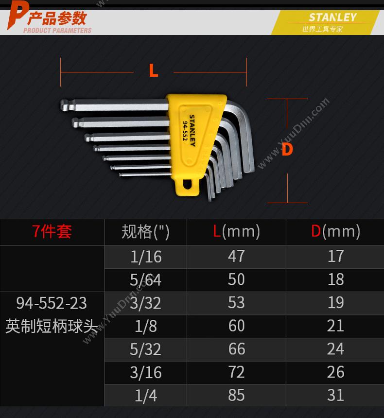 史丹利 Stanley 94-552-23 英制短柄球头 内六角扳手