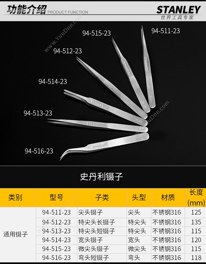 史丹利 Stanley 94-513-23 特尖头短 镊子