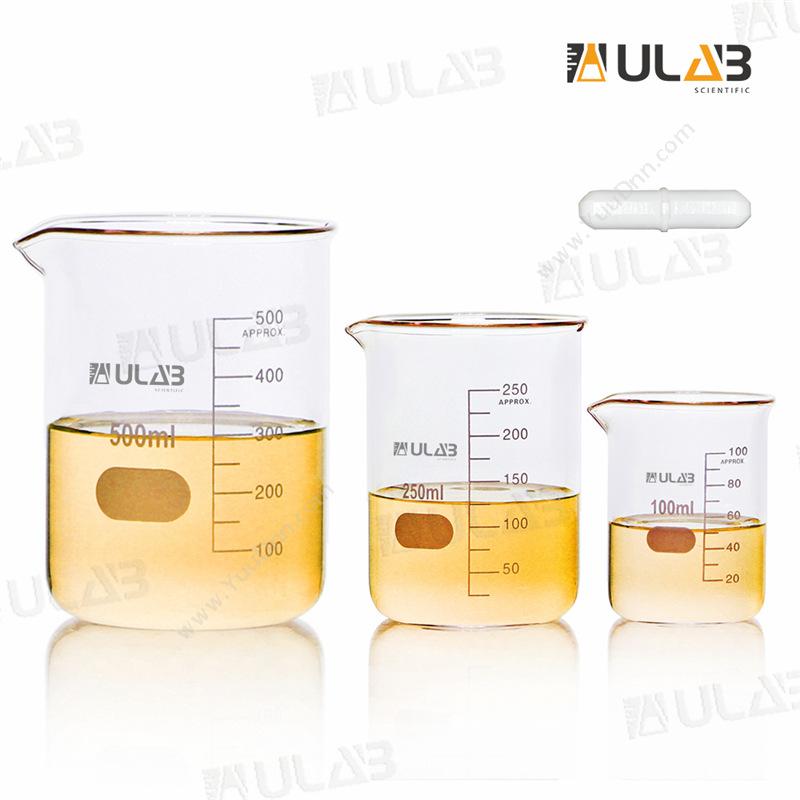 友乐博 Ulab UBG1004 100/250/500ml低型高硼硅玻璃烧杯三件套+磁力搅拌子套装   4件/套 2套/中盒 12套/箱 烧器/皿管