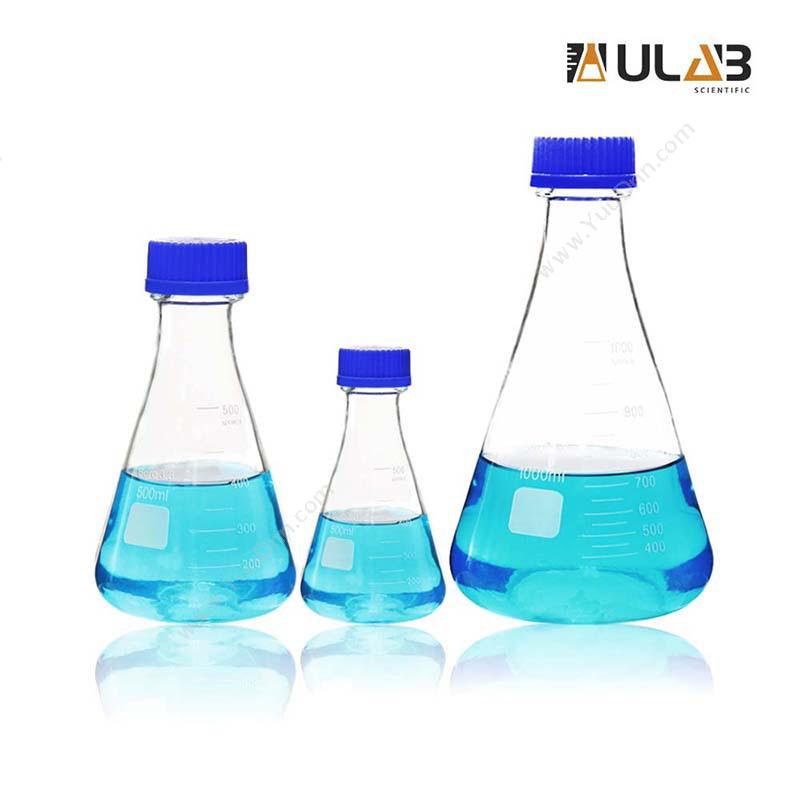 友乐博 UlabUEF1005 玻璃蓝盖三角烧瓶套装 250/500/1000ml  3只/套 4盒/箱 高硼3.3材质 带GL45标准盖烧器/皿管